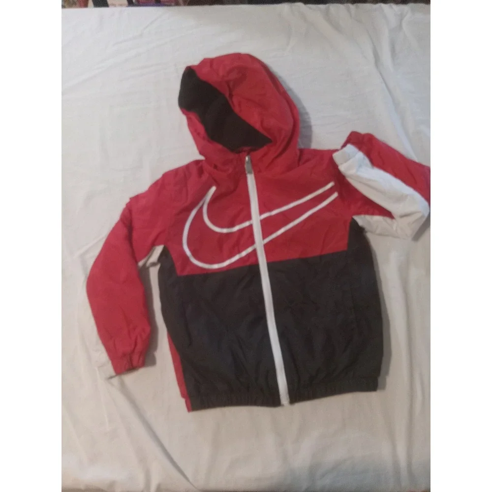 Nike Jacket Toddler Boys Sz 4 Red/Black‎ Hooded Fleece Windbreaker Swoosh Logo